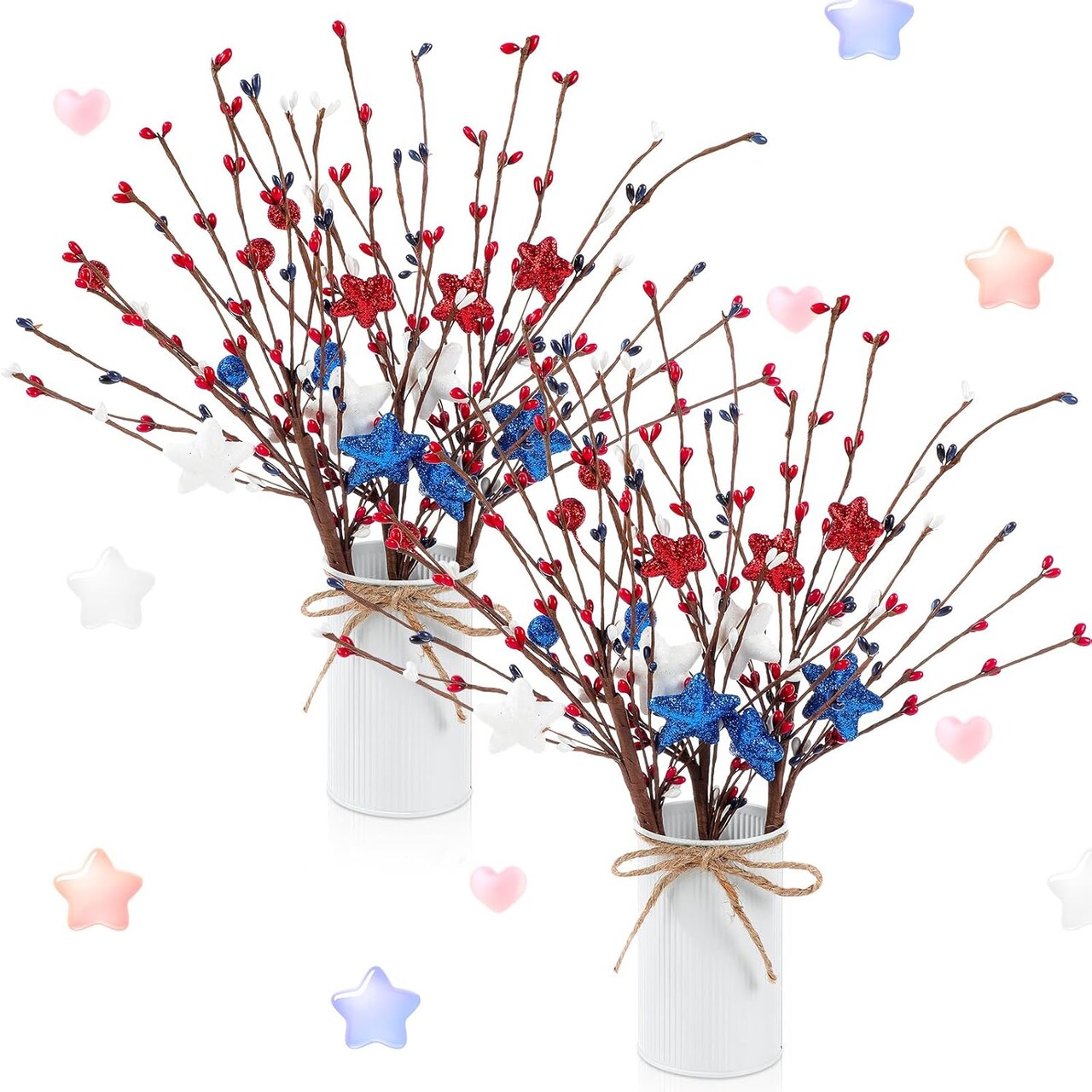 2 Sets 4th of July Patriotic Centerpieces Memorial Day Independence Day Tables Decorations Include Red White Blue 11.81 Inch Artificial Berry Stem Stars Picks and Vase for Home Office